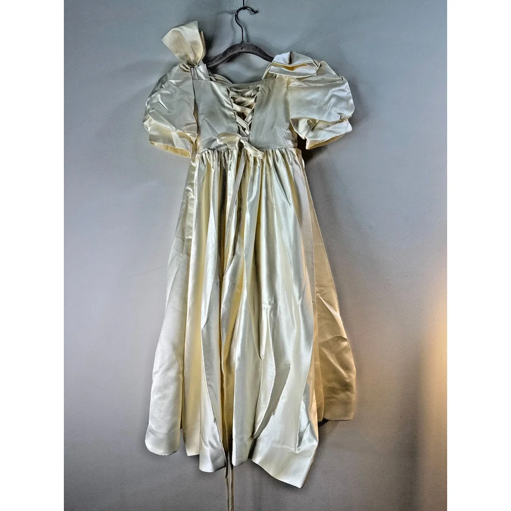 Girls Ivory Satin Flower Girl Dress Puff Sleeve Bow Formal Wedding Size 5 6 - Picture 2 of 7
